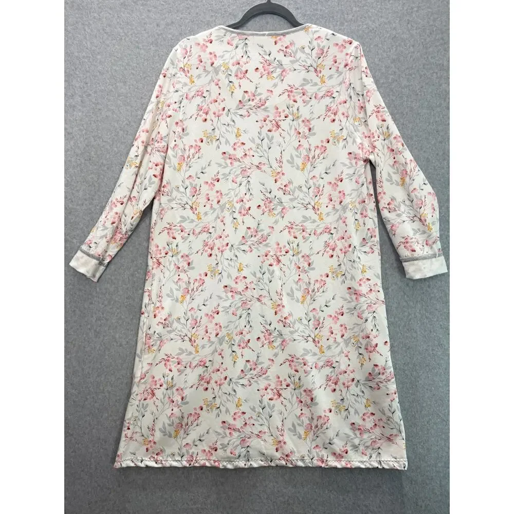 Miss Elaine Cotton Knit Full Zip Robe Housecoat Sz L White Pink Floral Pockets